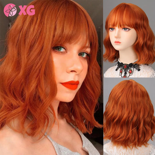 XG Synthetic Bob Red Copper Ginger Wigs with Bangs Medium Water Wave Natural Bob Heat Resistant Cosplay HairWigs for Women