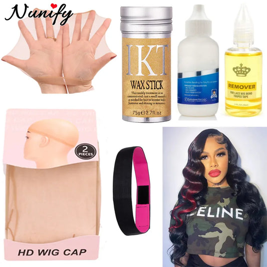 Wig Install Kit 6Pcs/Lot Hd Stocking Wig Cap With Lace Wig Glue And Remover For Edge Control Adjustable Edge Melt Band Wax Stick