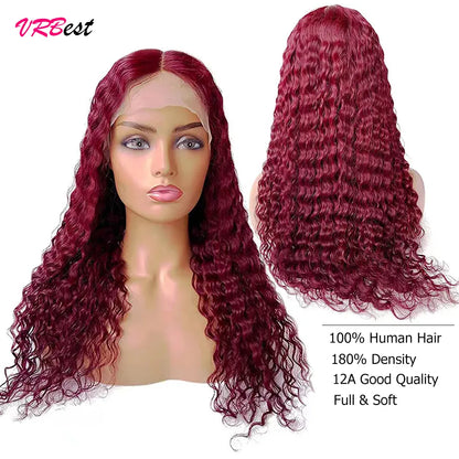 99j Deep Wave Frontal Wig Burgundy Lace Front Wig Human Hair Water Wave 13x4 HD Transparent Full Lace Front Human Hair Wigs