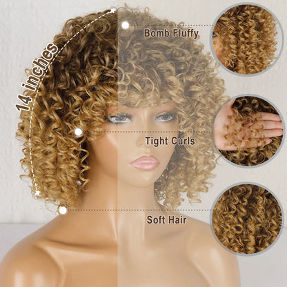 Short Curly Blonde Wig For Black Women Afro Kinky Curly Wig With Bangs Synthetic Natural Glueless Ombre Brown Blonde Cosplay Wig