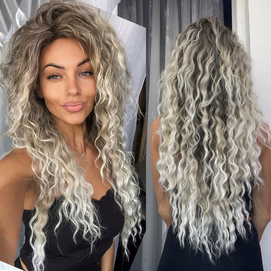 Ash Blonde Wig Synthetic Long Curly Hair Wigs for Women Fluffy Hairstyle Wave Ombre Wig Costume Carnival Party Regular Curly Wig