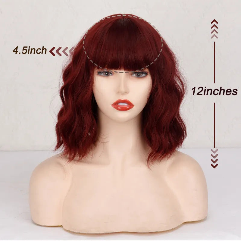 Short Bob Synthetic Wigs for Women Short Wavy Wigs with Bangs Wavy Bob Wig Wine Red Wig Heat Resistant Fiber Cosplay hair