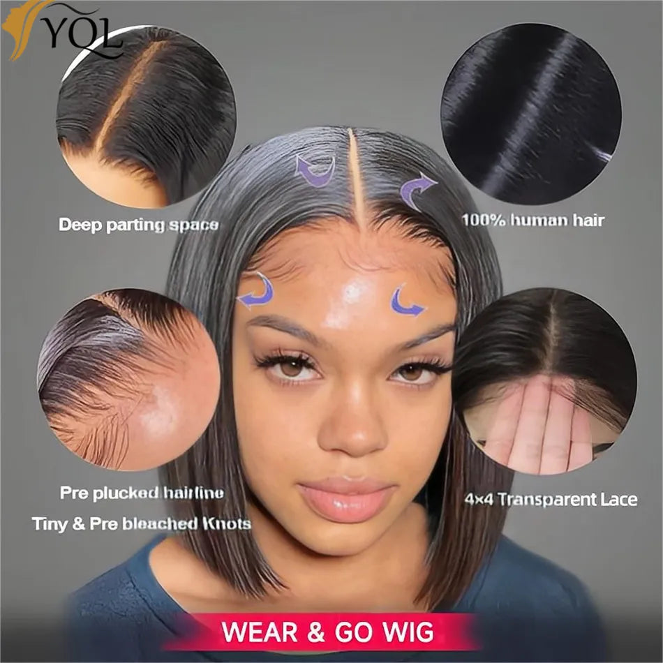 Glueless Bob Hair Wig Human Hair Ready To Wear Straight HD Transprent 36 Inch 4x4 Lace Closure Wigs For Women Human Hair