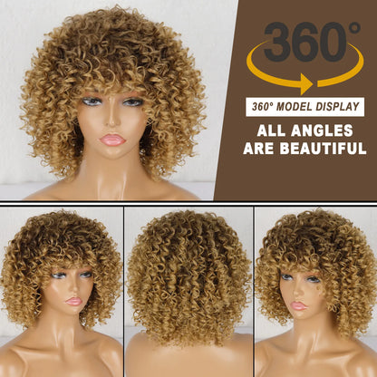 Short Curly Blonde Wig For Black Women Afro Kinky Curly Wig With Bangs Synthetic Natural Glueless Ombre Brown Blonde Cosplay Wig